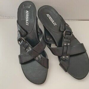 Aerosoles Holiday Strappy Criss Cross Black Leather Casual Studded Sandals
